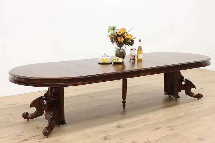 Victorian Antique 48" Walnut & Burl Dining Table, 6 Leaves, Extends 129" #43076