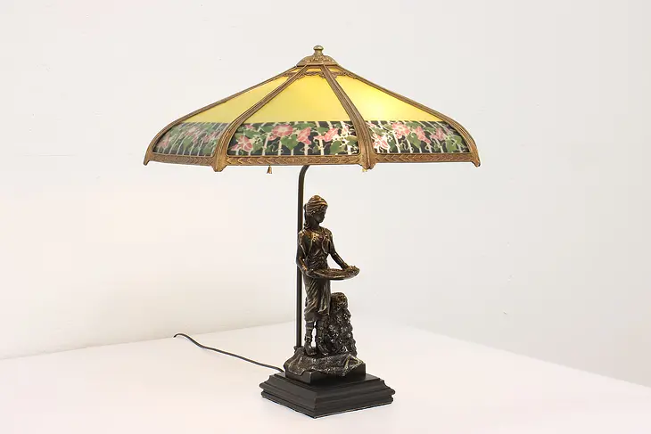 Art Deco Antique Bronze Sculpture Lamp, Stained Glass Shade #42630
