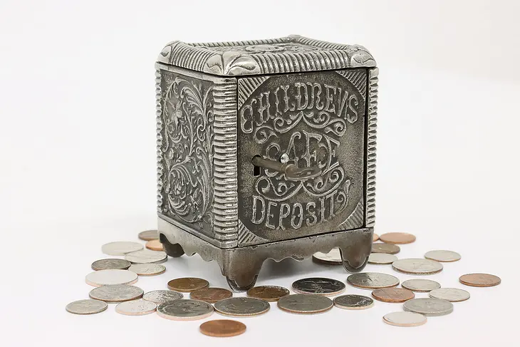Victorian Antique Cast Iron Locking Coin Bank, Children's Safe Deposit #42403