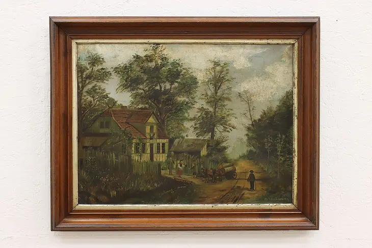 Hunting Lodge & Villagers Antique Original Oil Painting, Lehmann 30" #43762