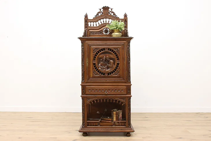 French Brittany Carved Chestnut Antique Cupboard or Bar Cabinet #43000