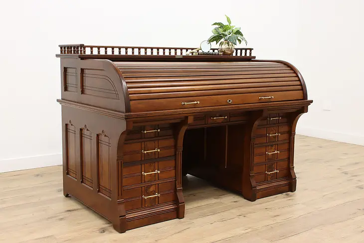 Victorian Eastlake Antique 66" Walnut & Burl Roll Top Office Desk Andrews #43670