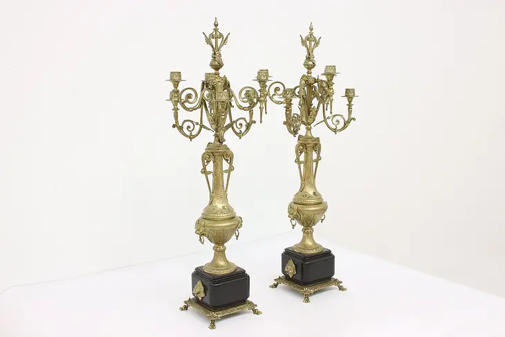 Pair of Classical Antique 6 Arm Brass Candelabra, Lion Heads, Marble #42104