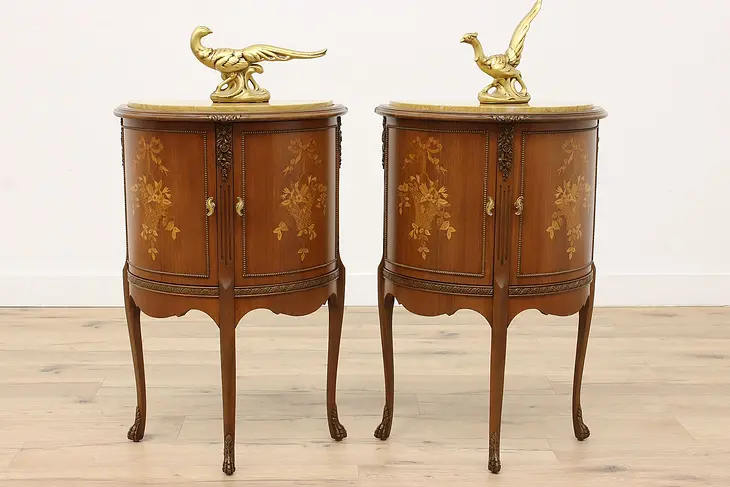 Pair of French Style Marble & Marquetry Demilune Nightstands, End Tables #43796