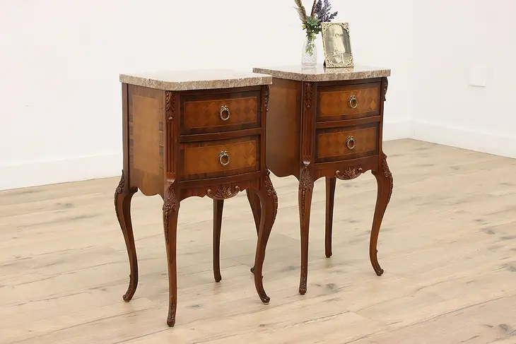 Pair of French Design Vintage Marquetry Nightstands or End Tables, Marble #43789