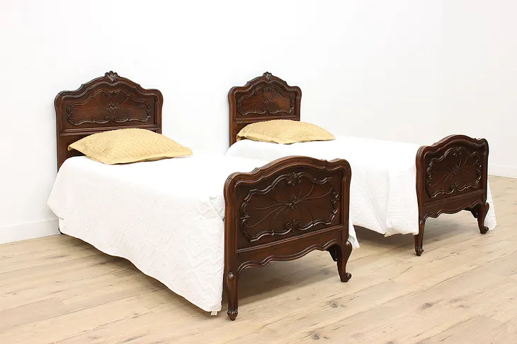 Pair of Italian Piedmont Antique Carved Walnut Twin or Single Beds #43357