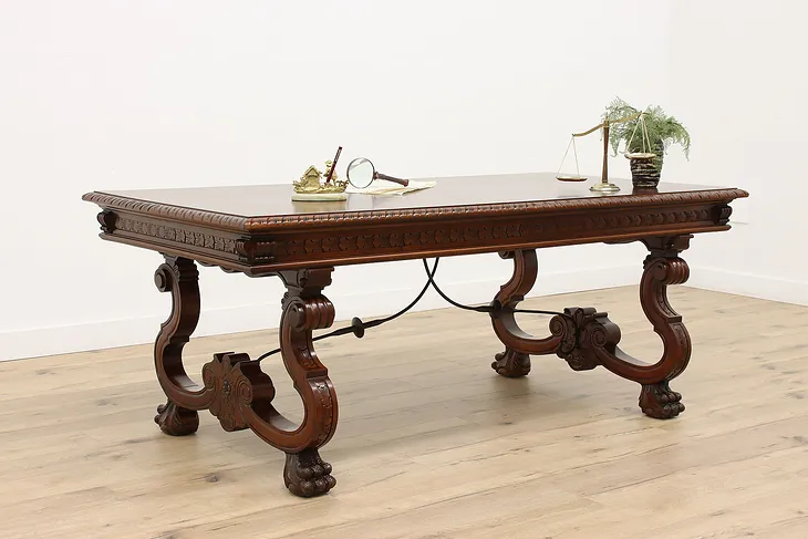 Spanish Colonial Vintage Carved Library Desk or Dining Table, Sanchis #43002