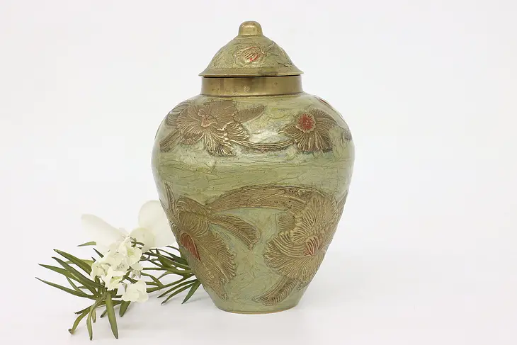 Art Nouveau Design Vintage Brass Urn Hand Painted & Embossed Flowers #43947