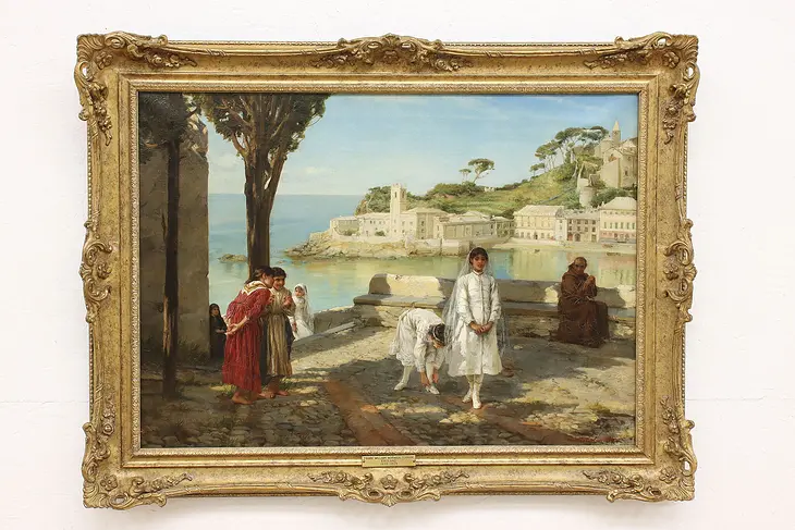 Italian Seashore & Children Antique 1882 Original Oil Painting Topham 36" #43823
