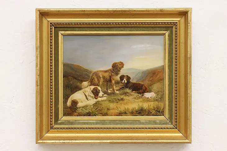 Spaniel Hunting Dogs Antique 1903 Original Oil Painting, Crawford 15.5" #43378