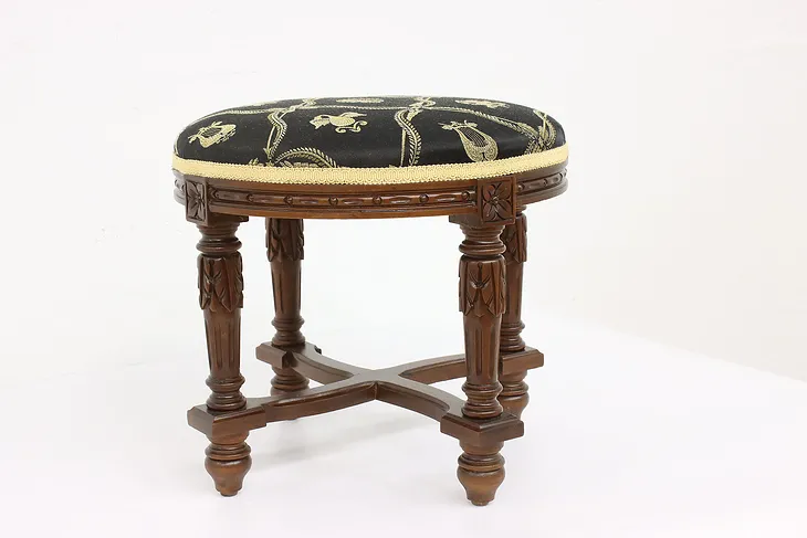 Neoclassic Antique Carved Walnut Footstool, New Upholstery #43290