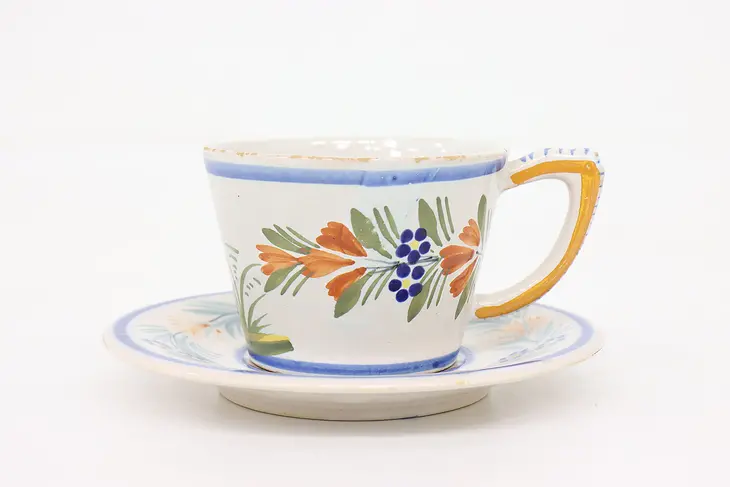 French Vintage Quimper Hand Painted Cup & Saucer, Brittany France #44045