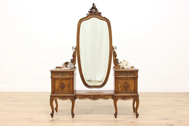 French Antique Carved Walnut Vanity or Dressing Table, Mirror #43771