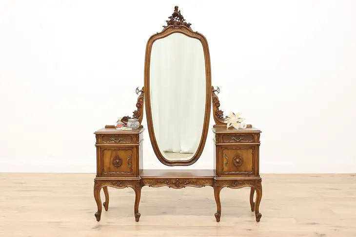 French Antique Carved Walnut Vanity or Dressing Table, Mirror #43771