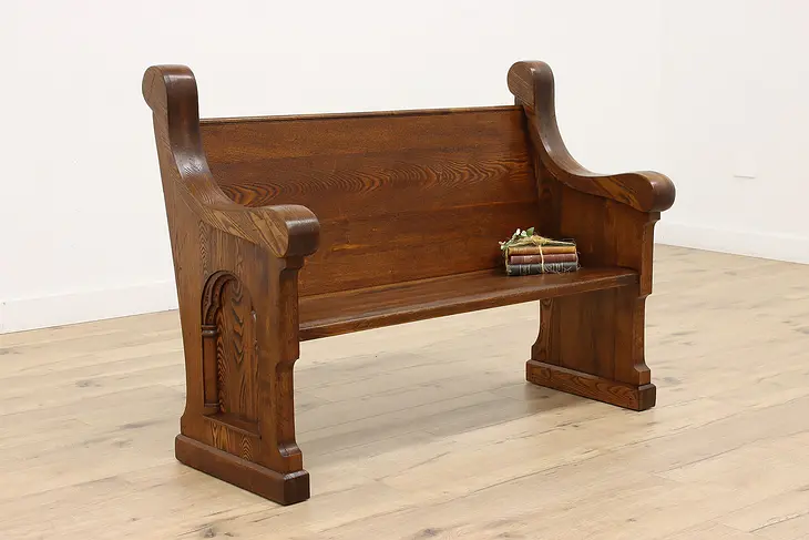 Gothic Carved Antique Ash & Elm Church Pew or Hall Bench #42999