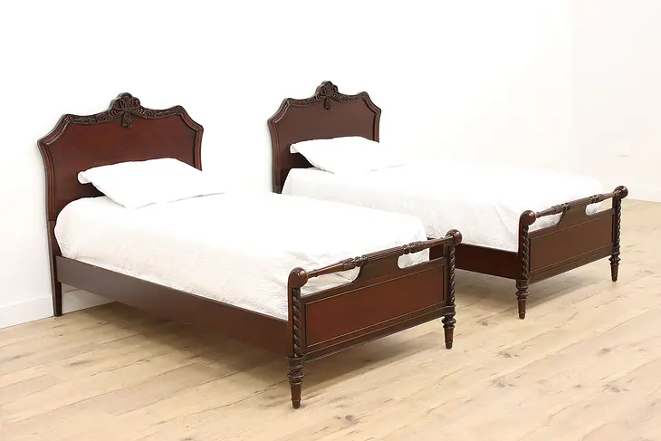 Pair of Georgian Design Carved Mahogany Vintage Twin or Single Beds #43192