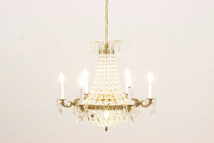 Swedish Vintage 6 Candle Brass Chandelier Crystal Prisms #43900
