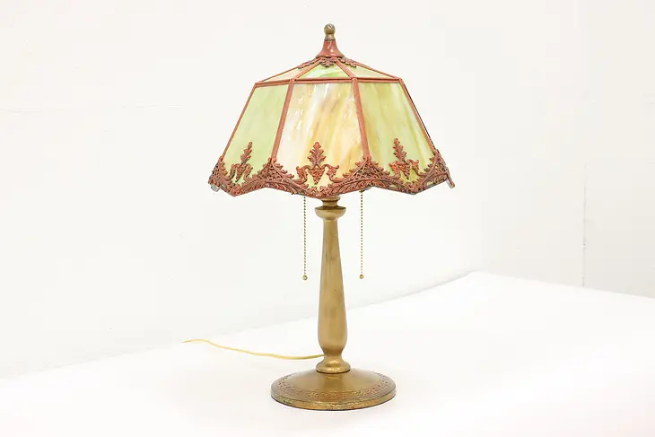 Stained Glass & Filigree Shade Antique Office or Library Desk Lamp #42099