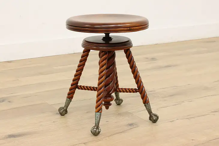 Victorian Antique Adjustable Swivel Piano Organ Stool, Rope Twist Legs #43892