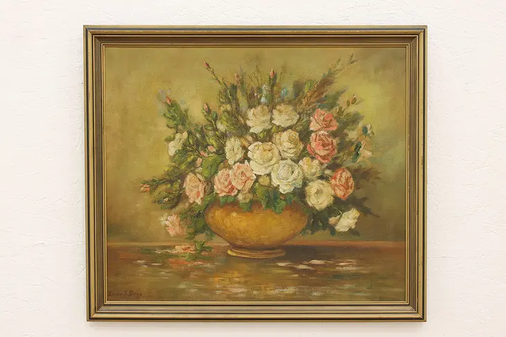 Still Life of Roses in Vase Vintage Original Oil Painting, Berge 32" #43396