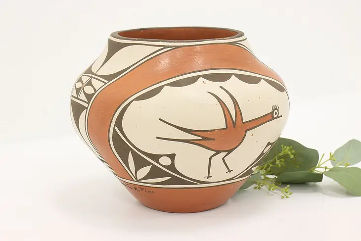 Native American Antique Acoma Pueblo Pottery Vase, Bird Motif #43382