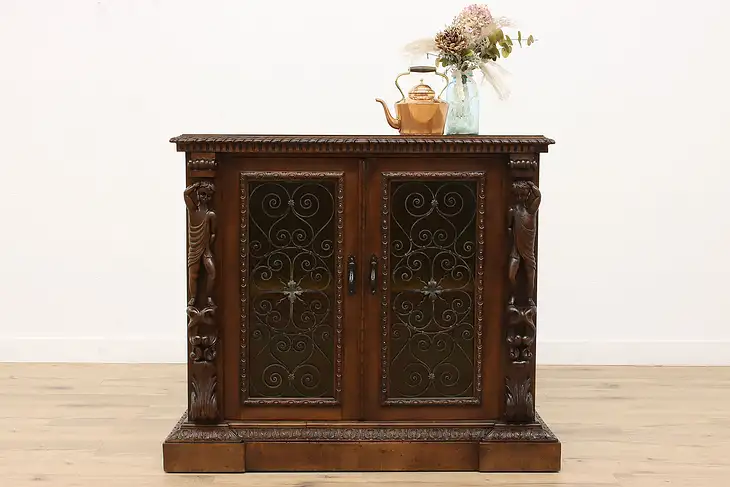 Renaissance Antique Italian Walnut Bar or Hall Cabinet, Carved Sculptures #42183