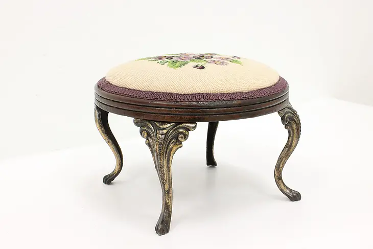 Victorian Antique Pine & Iron Footstool, Handstitched Needlepoint #43950