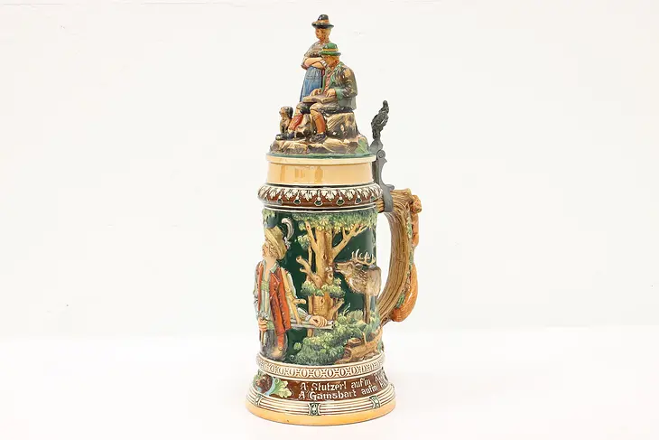 German Folk Art Antique Liter Beer Stein or Mug, Painted Hunter & Animals #43896