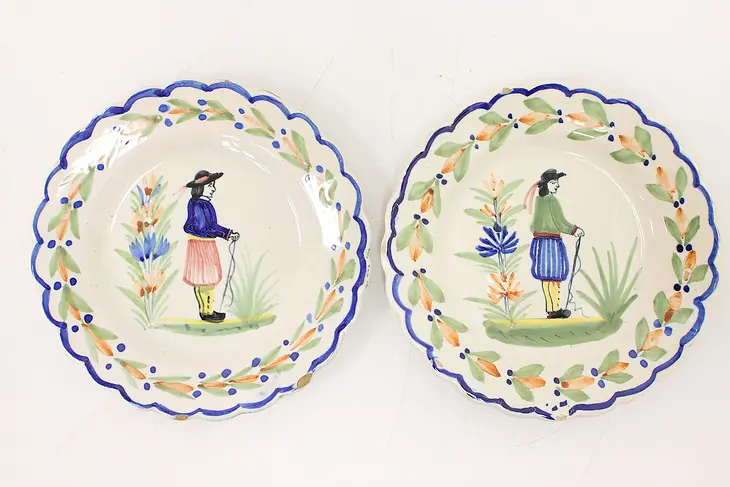 Pair of Hand Painted Vintage Henriot Quimper B & B Plates Brittany France #43902