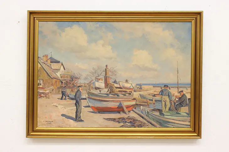 Bustling Fishing Harbor 1937 Vintage Original Oil Painting, Nyrop 55" #43635