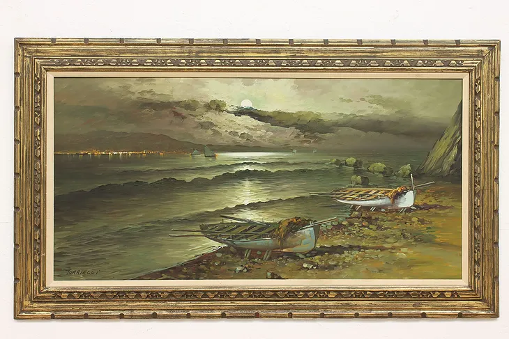 Moonlight & Rowboats Midnight Vintage Original Oil Painting Torrielli 57" #44125