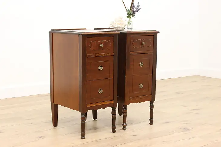 Pair of Vintage English Tudor Walnut Nightstands or End Tables, Banderob #43878