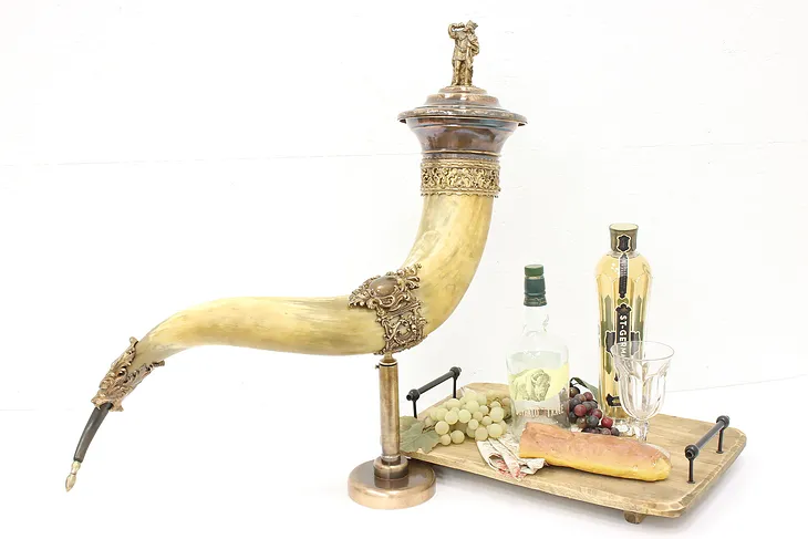 German Antique Brass & Bronze Figural Ceremonial Drinking Horn #44111