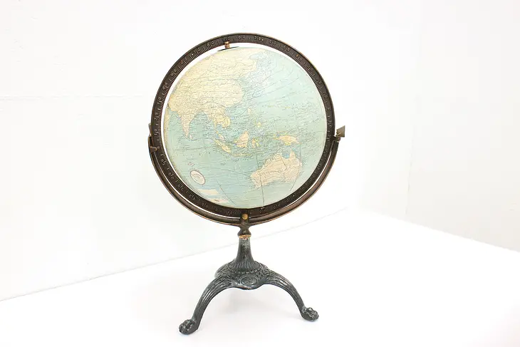 Library or Office Antique 12" World Globe & Cast Iron Base, Rand McNally #43792