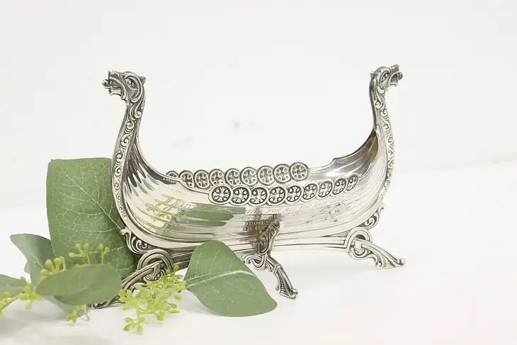 Norwegian Vintage Engraved Silver Viking Longship Sculpture #43566