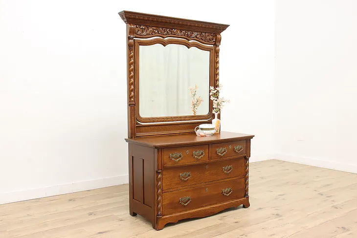 Victorian Antique Carved Oak 4 Drawer Chest or Dresser with Mirror #43824