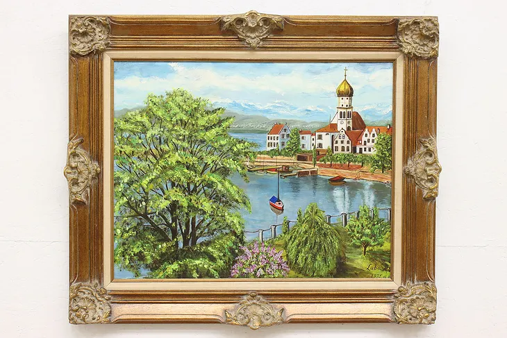 Danube River Czech Scene Vintage Original Oil Painting, Lubans 36.5" #43636