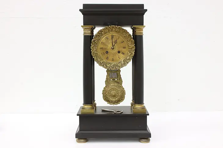 French Antique Slate & Brass Pillar Mantel Clock, Japy Freres #39099