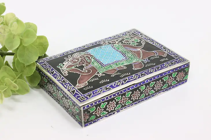 Indian Vintage Sterling Silver & Enamel Jewelry Box, Elephant #44117