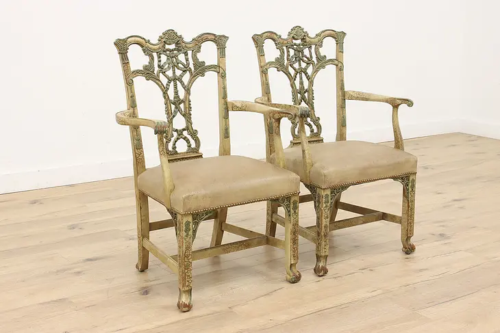 Pair of Georgian Design Vintage Carved Painted Chairs, Leather, Hickory #44155