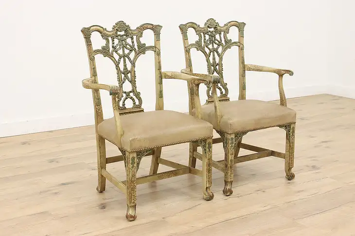 Pair of Georgian Design Vintage Carved Painted Chairs, Leather, Hickory #44155