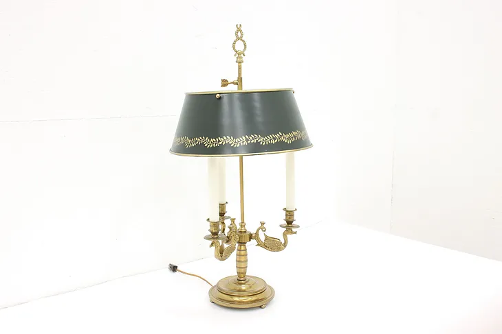 Bouillotte Brass Vintage Office or Desk Lamp, Tolewear Shade, Swans #43867