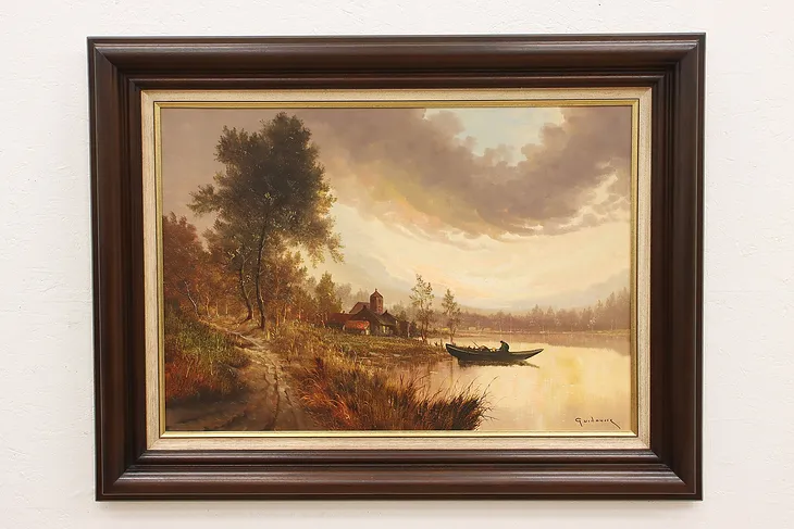 Canoe on Lake Vintage Original Oil Painting, Signed 50.5" #44279