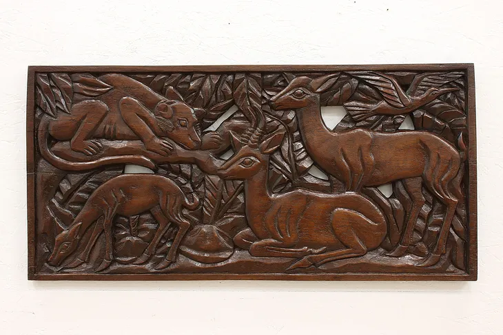 Deer & Monkey Vintage Architectural Salvage Carved Relief Panel, Tahiti #44301