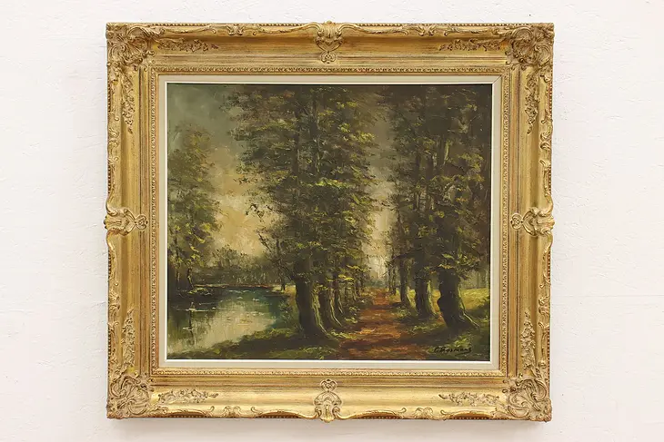 Forest Path & River Vintage Original Oil Painting, Bosmans 37" #44276