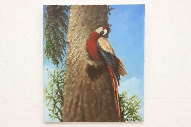Scarlet Macaw Vintage Original Oil Painting, Signed 28" #44304
