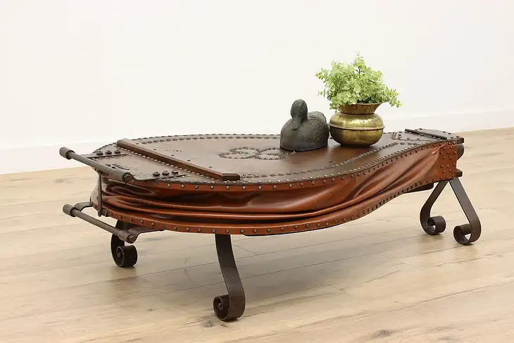 Farmhouse Vintage Blacksmith Bellows Coffee Table, Wrought Iron & Leather #44348