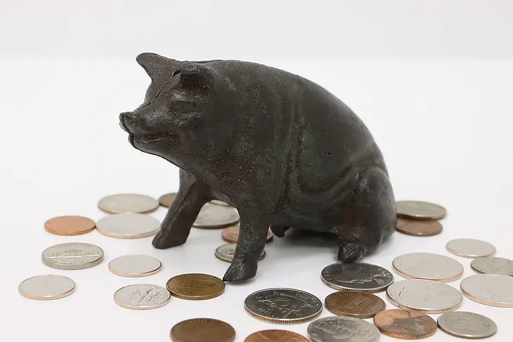 Farmhouse Antique Cast Iron Pig Sculpture Coin Bank #44134