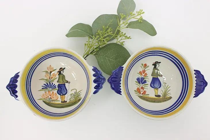Pair of French Vintage Quimper Hand Painted Bowls with Handles #44048