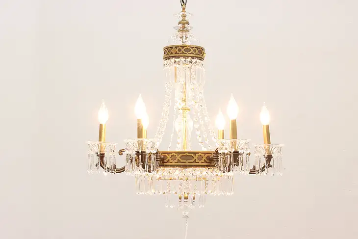 Regency Design Vintage 6 Arm Chandelier, Crystal Prisms & Finial #44168